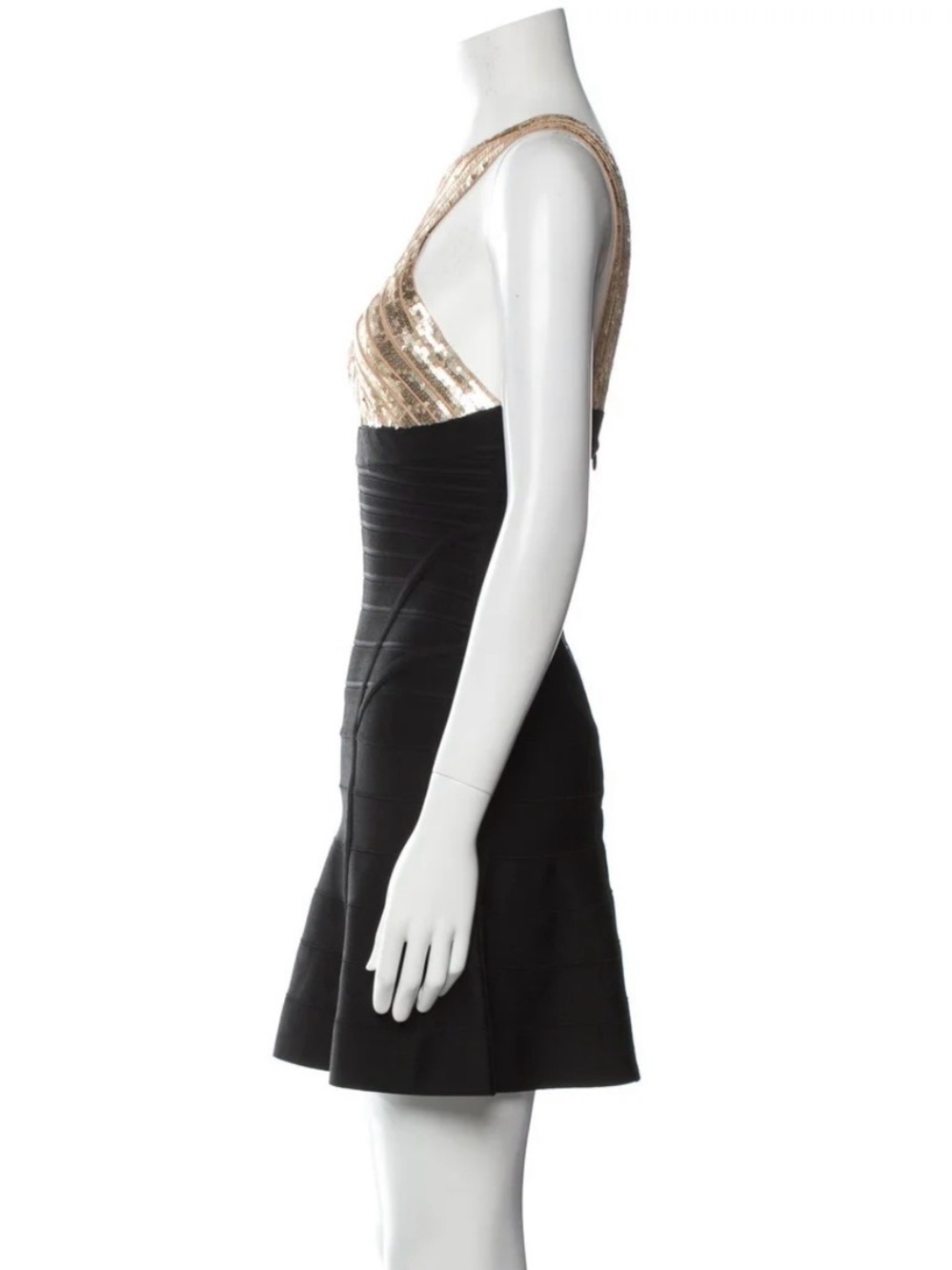 Herve Leger Black and Gold Asymmetrical Sequin Fit & Flare Dress - Picture 6 of 9